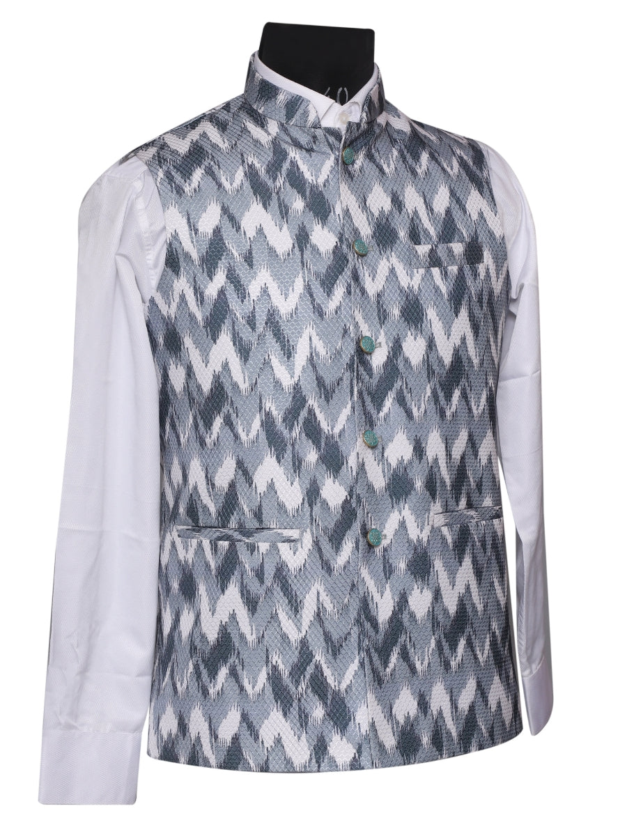 Crochet Printed Grey Jacket Kurta Set Men
