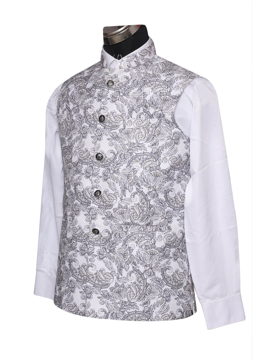 Crochet Printed Grey Jacket Kurta Set Men