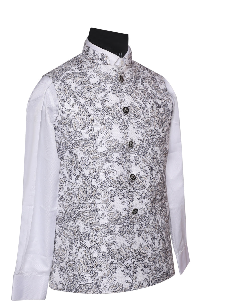 Crochet Printed Grey Jacket Kurta Set Men