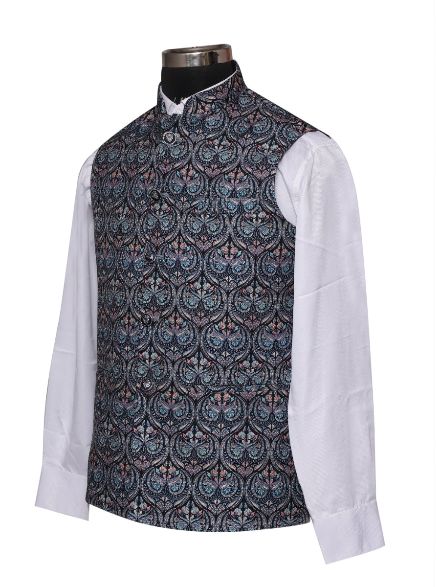 Jacket Kurta Set Banarasi Blue For Men