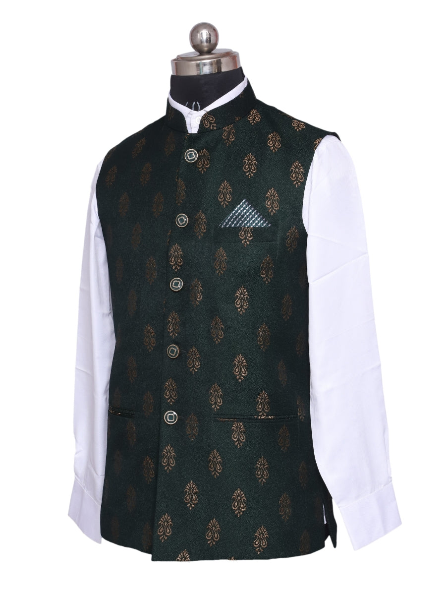 Jacket Kurta Set Banarasi Green For Men