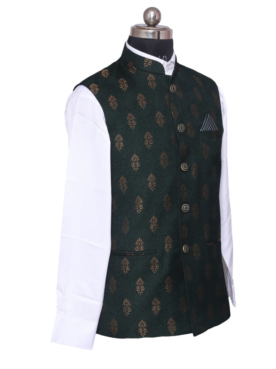 Jacket Kurta Set Banarasi Green For Men