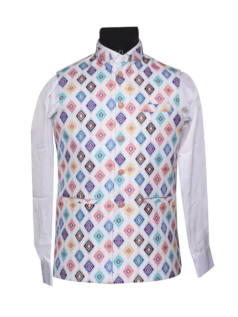 Crochet Printed White Jacket Kurta Set Men