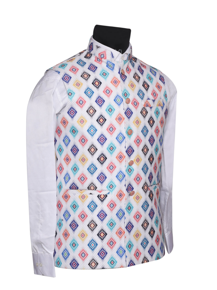 Crochet Printed White Jacket Kurta Set Men