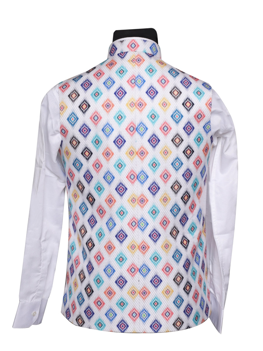 Crochet Printed White Jacket Kurta Set Men