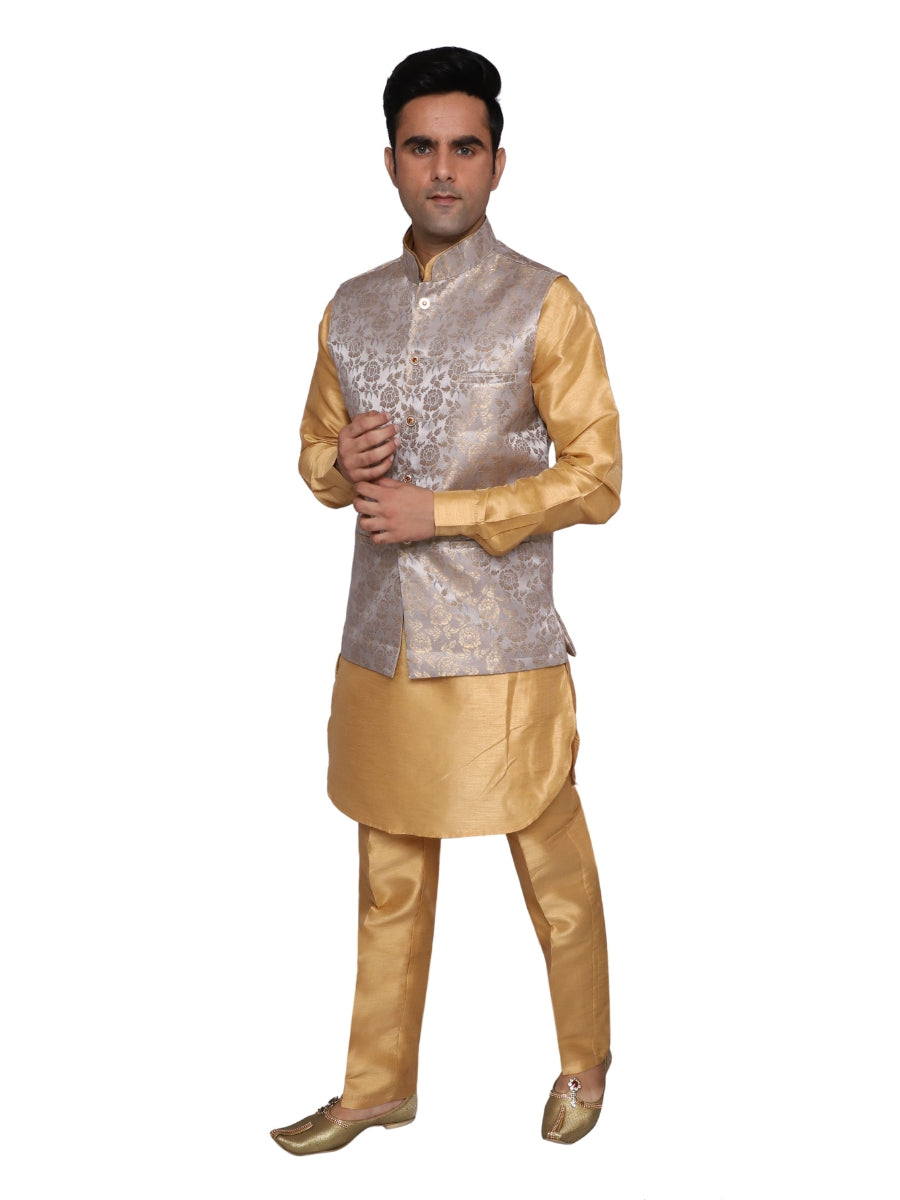 Gold Kurta Pajama With Waistcoat for Men