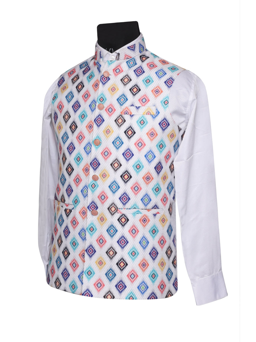 Crochet Printed White Jacket Kurta Set Men