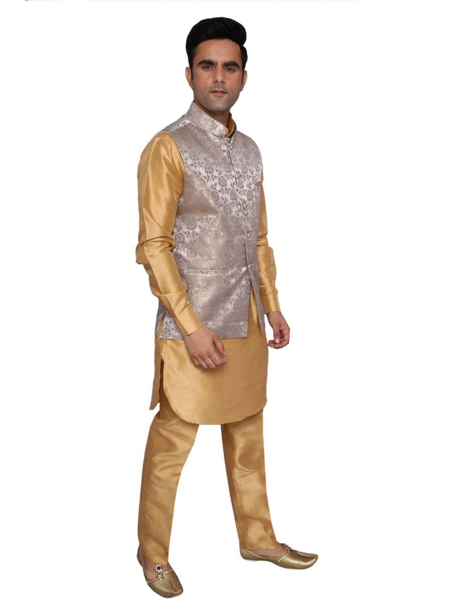 Gold Kurta Pajama With Waistcoat for Men