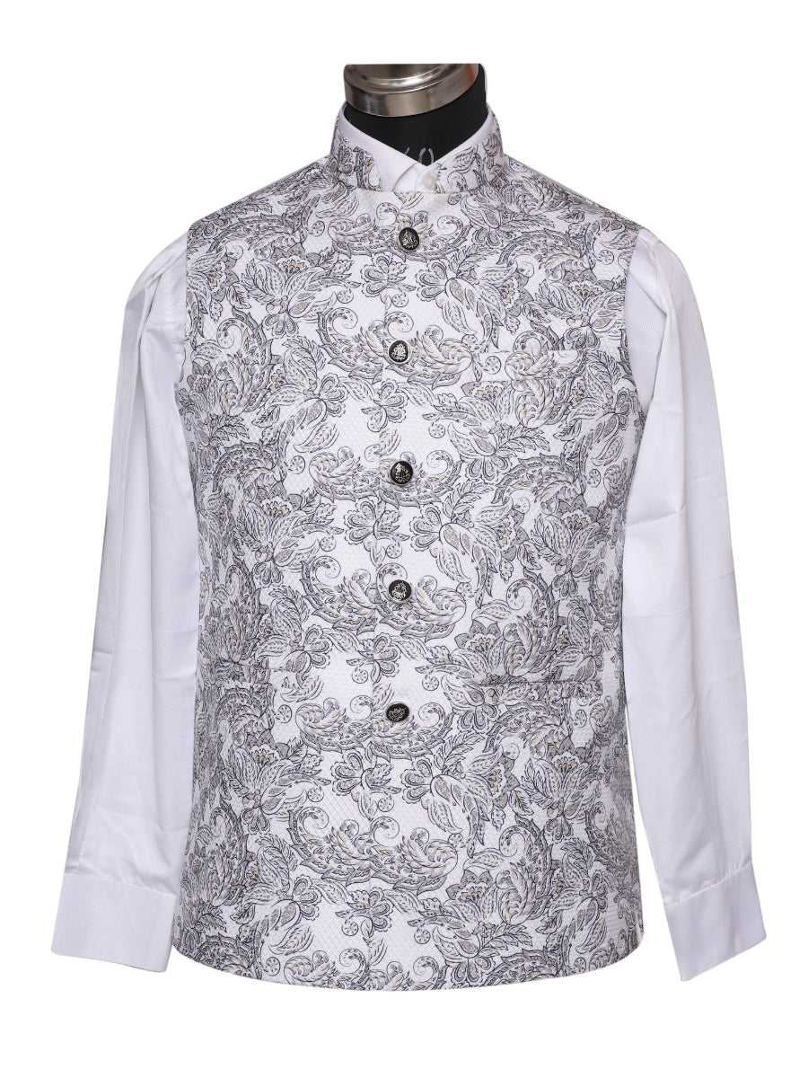 Crochet Printed Grey Jacket Kurta Set Men