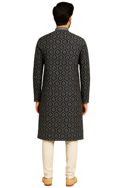 Black Jacquard Printed Kurta with Embroidered Placket