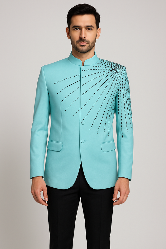 Jodhpuri Suit Light Blue Emboidery Pattern For Men