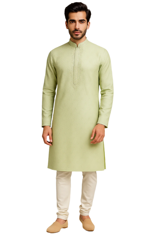 Light Pastel Green Jacquard Kurta with Subtle Embroidery