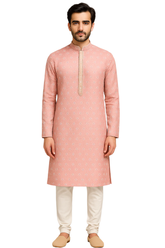 Peach Jacquard Kurta with Subtle Embroidery