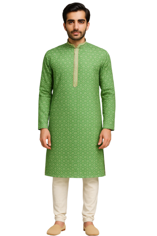 Pastel Green Jacquard Printed Kurta with Embroidered Placket