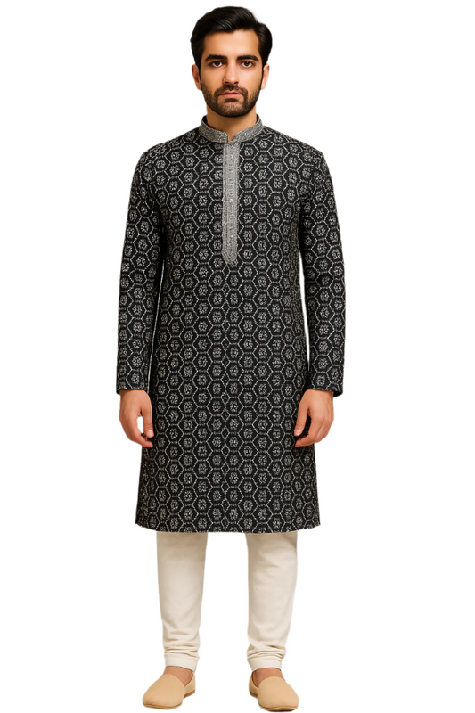 Black Jacquard Printed Kurta with Embroidered Placket