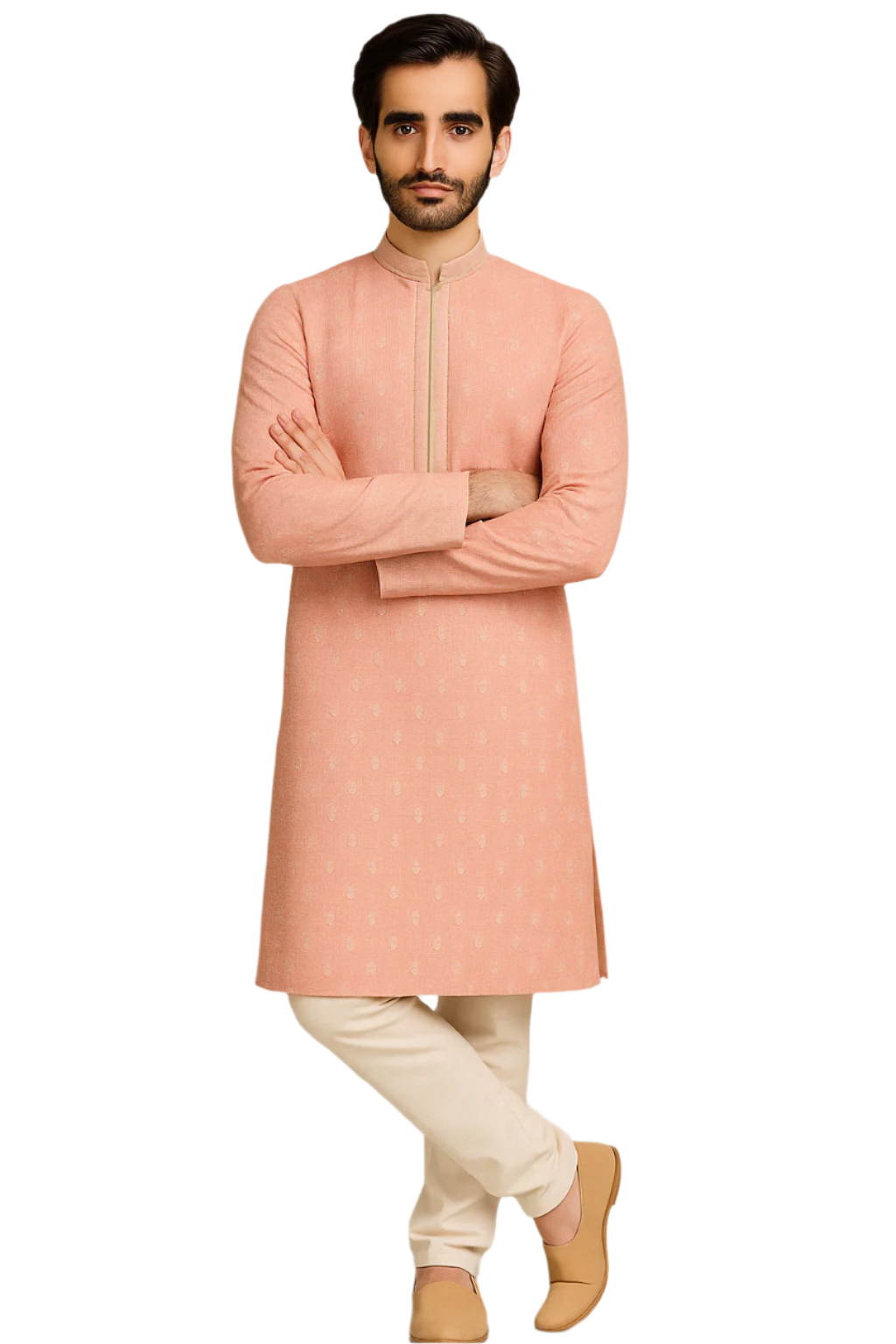Peach Jacquard Kurta with Subtle Embroidery