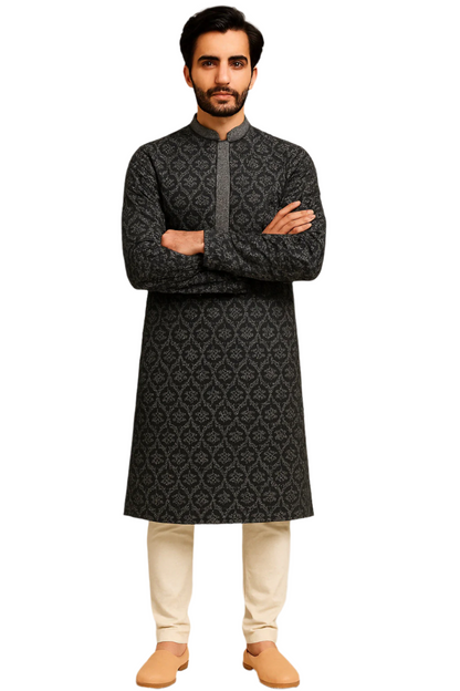 Black Jacquard Printed Kurta with Embroidered Placket