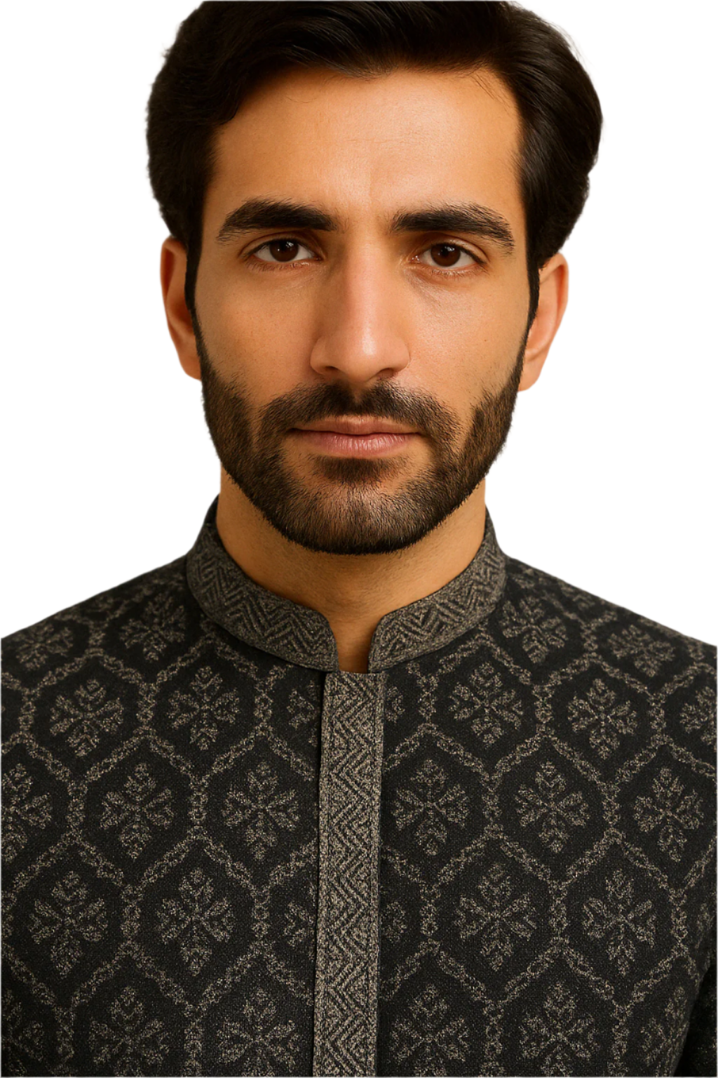 Black Jacquard Printed Kurta with Embroidered Placket