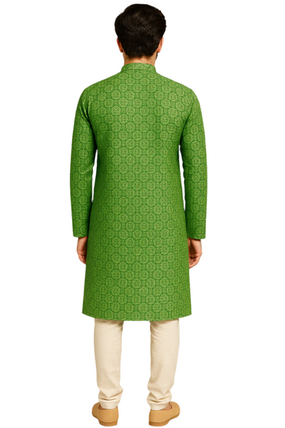 Pastel Green Jacquard Printed Kurta with Embroidered Placket