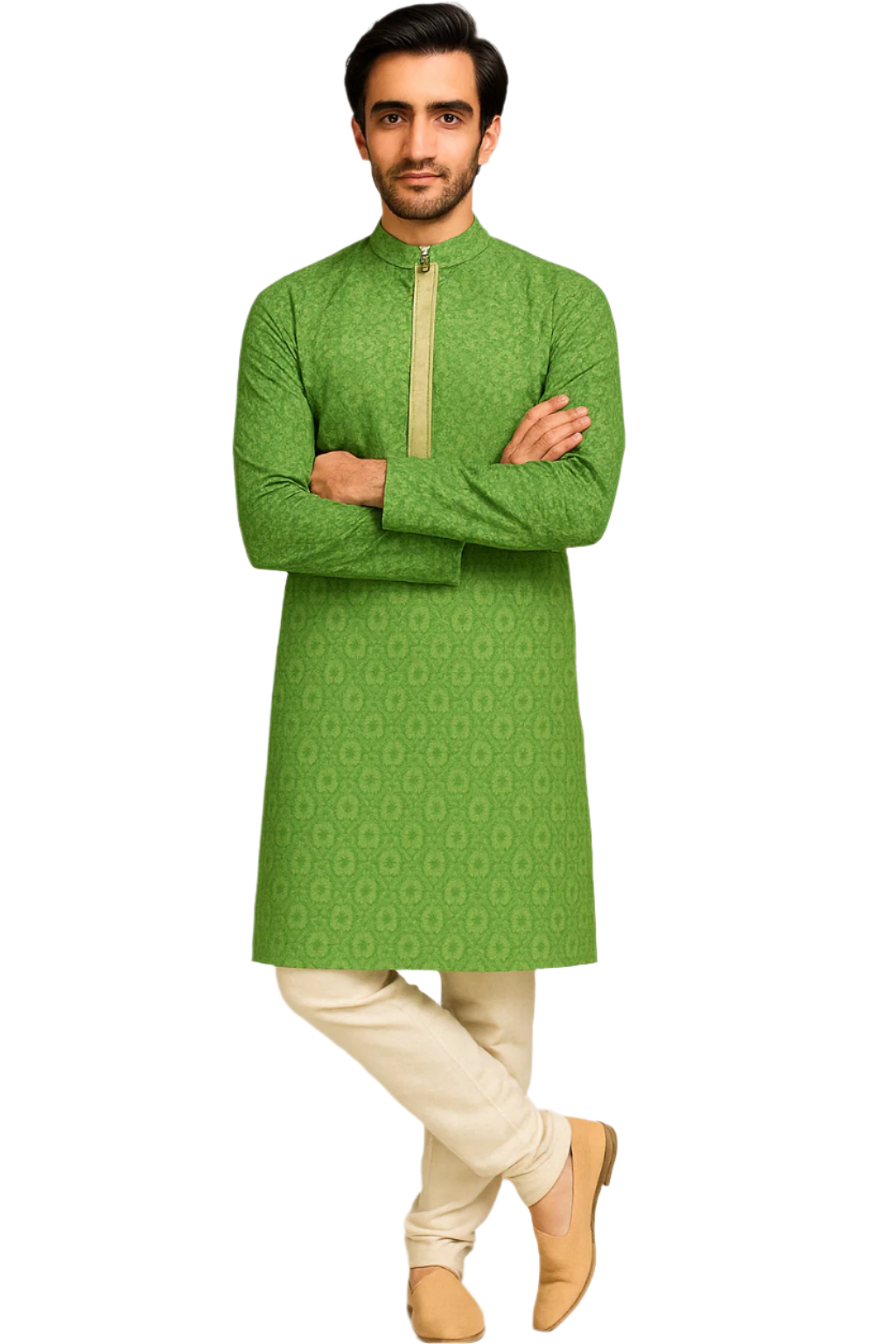 Pastel Green Jacquard Printed Kurta with Embroidered Placket