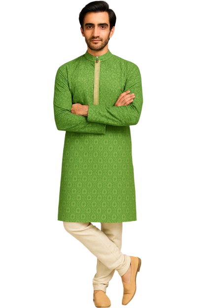 Pastel Green Jacquard Printed Kurta with Embroidered Placket