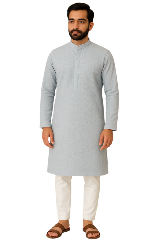Pastel Blue Self-Textured Kurta with White Pajama