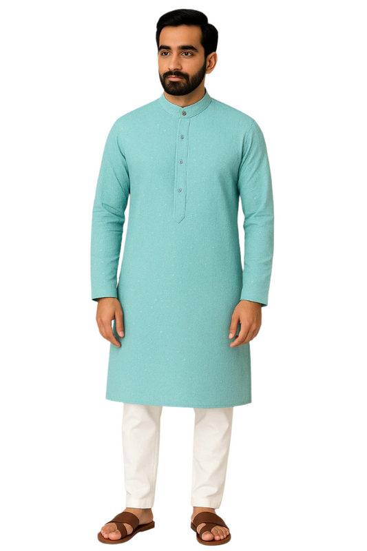 Sky Blue Self-Textured Kurta with White Pajama