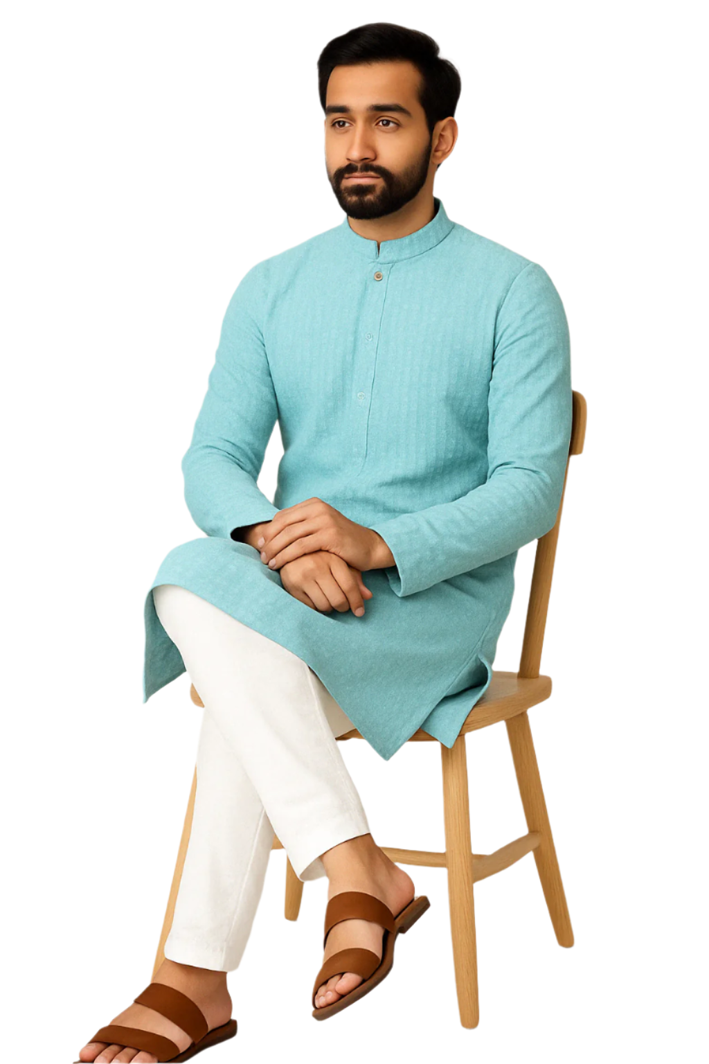 Sky Blue Self-Textured Kurta with White Pajama