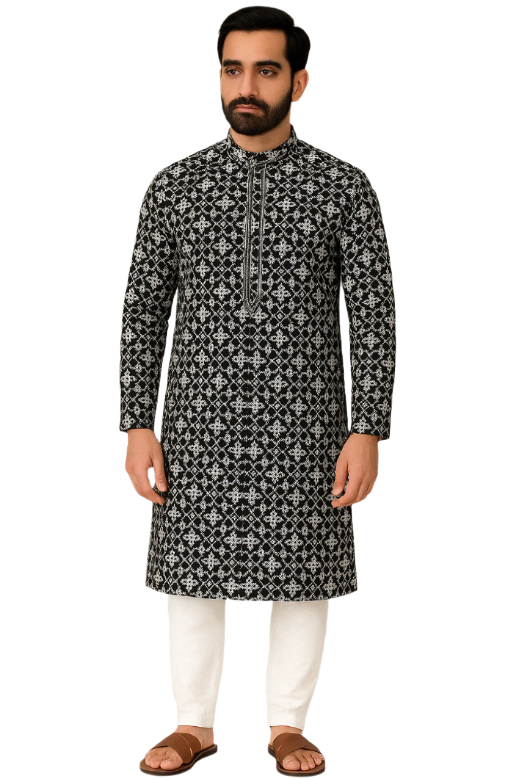 Black & White Geometric Patterned Kurta with White Pajama