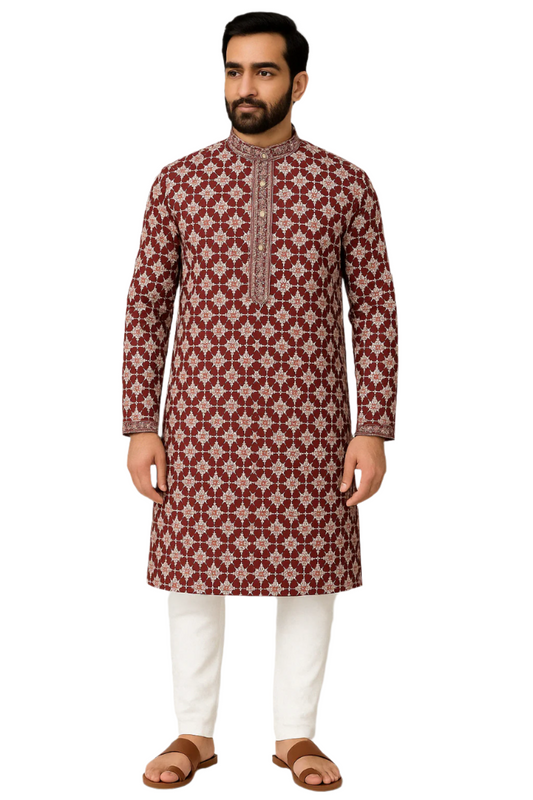 Red & Cream Embroidered Kurta with White Pajama