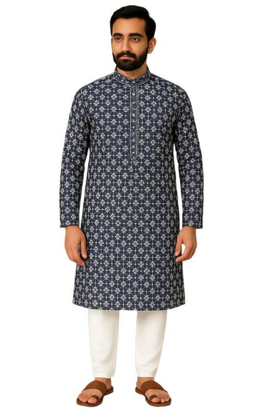 Navy Blue Embroidered Kurta with White Pajama
