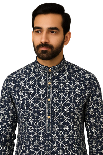 Navy Blue Embroidered Kurta with White Pajama