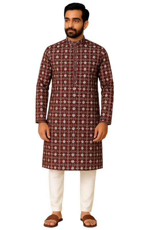 Maroon Kurta with Light Blue Thread Embroidery & White Pajama