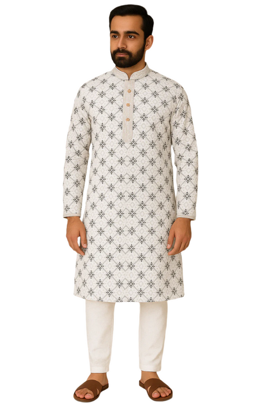 White Kurta with Black Geometric Embroidery & White Pajama