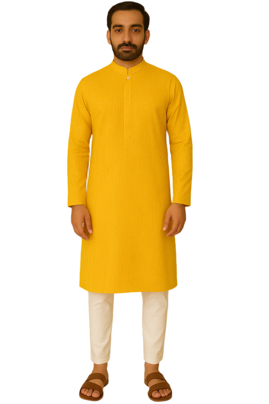 Mustard Yellow Striped Kurta with White Pajama
