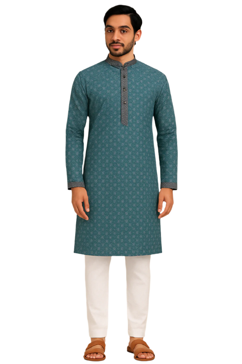 Teal Elegance: Printed Kurta with Contrast Accents and Churidar