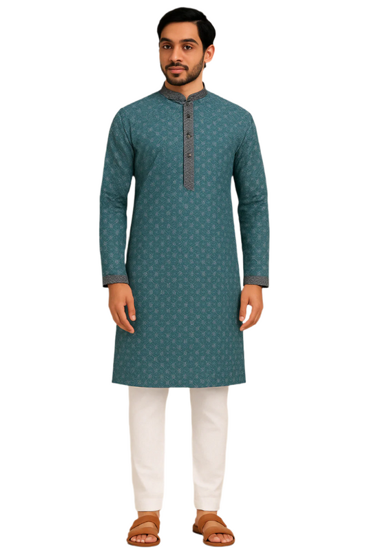 Teal Elegance: Printed Kurta with Contrast Accents and Churidar