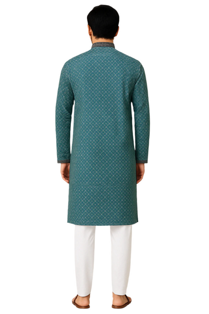 Teal Elegance: Printed Kurta with Contrast Accents and Churidar