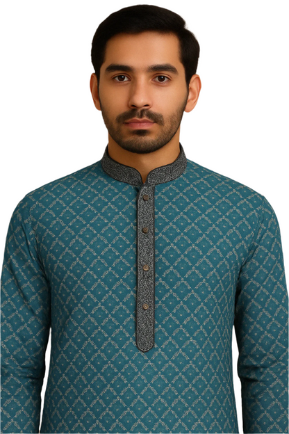 Teal Elegance: Printed Kurta with Contrast Accents and Churidar