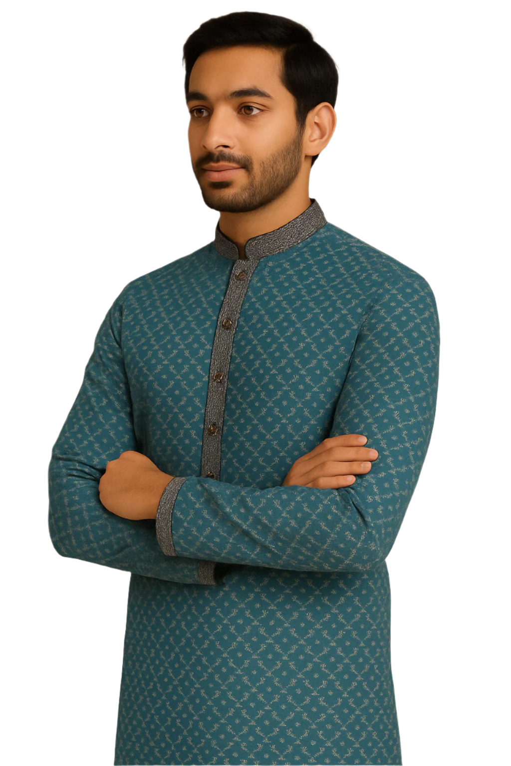 Teal Elegance: Printed Kurta with Contrast Accents and Churidar