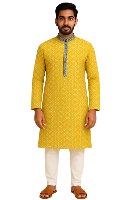 Bright Yellow Printed Kurta with Contrast Placket and White Churidar – Festive Daywear for Men
