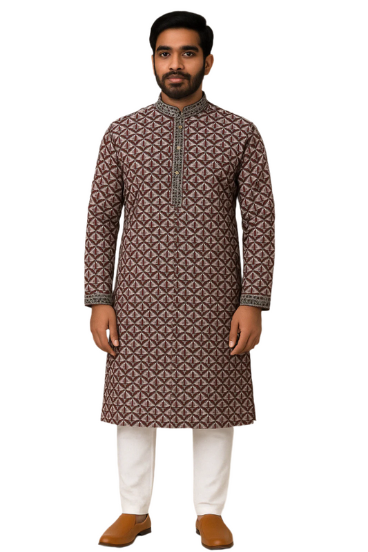 Maroon Geometric Print Kurta with Contrast Detailing and White Churidar – Contemporary Ethnic Look
