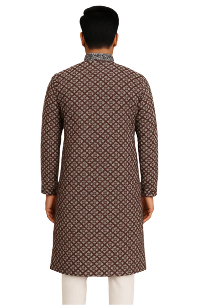 Maroon Geometric Print Kurta with Contrast Detailing and White Churidar – Contemporary Ethnic Look