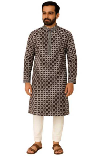 Black and Maroon Geometric Print Kurta with White Churidar