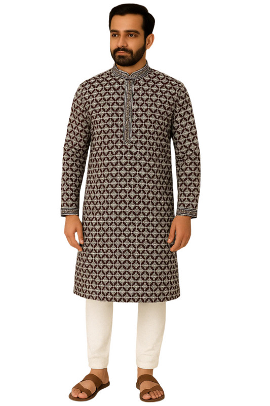 Black and Maroon Geometric Print Kurta with White Churidar