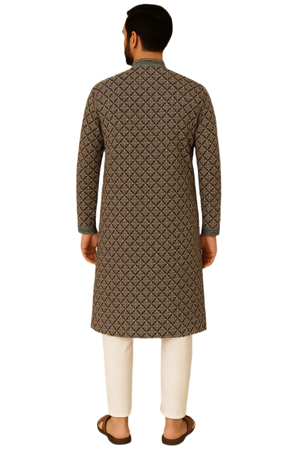 Black and Maroon Geometric Print Kurta with White Churidar