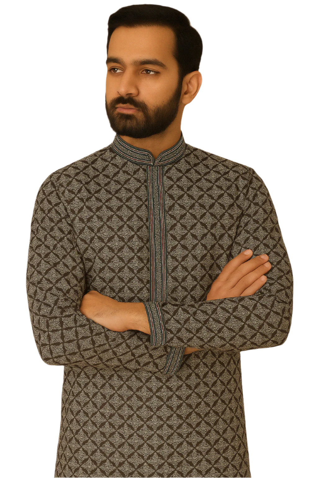 Black and Maroon Geometric Print Kurta with White Churidar
