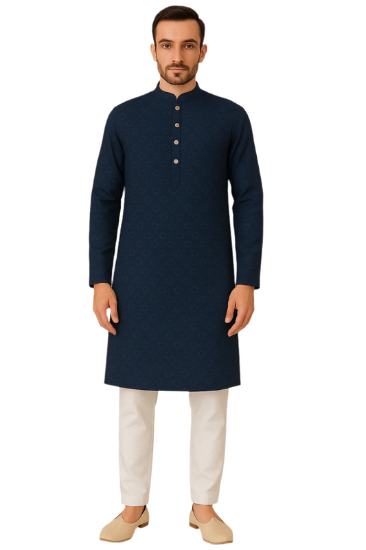 Navy Blue Textured Printed Kurta