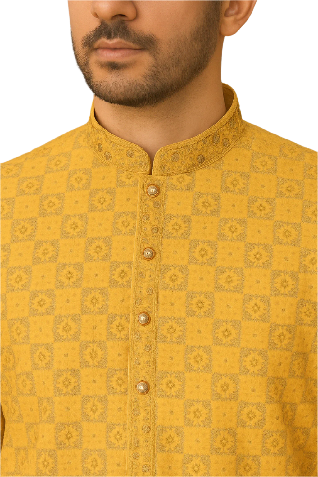 Mustard Yellow Embroidered Jacquard Kurta with White Pajama