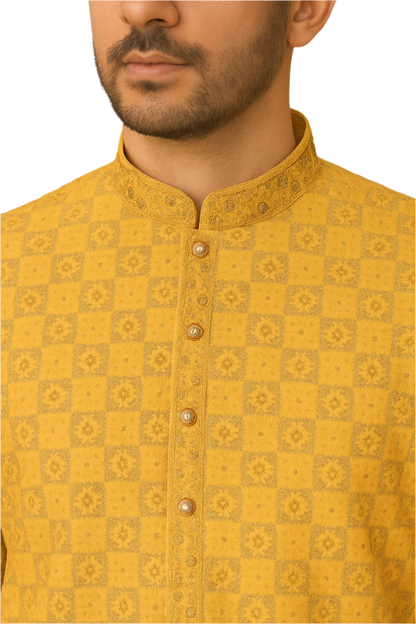 Mustard Yellow Embroidered Jacquard Kurta with White Pajama